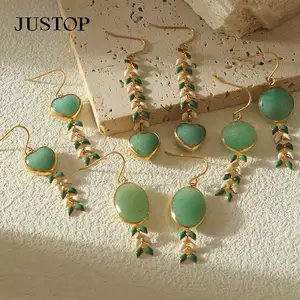 18K Gold Plated Stainless Steel Drop Earrings Fashionable Green Aventurine Stone Charm Real Dripping Oil Jewelry