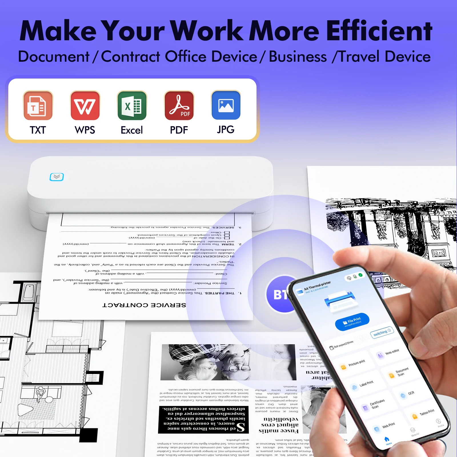 Portable A4 Wireless Inkless Thermal Printer for Tattoo Transfer - Clear Paper Output Direction & Thermal Paper Compatibility factory