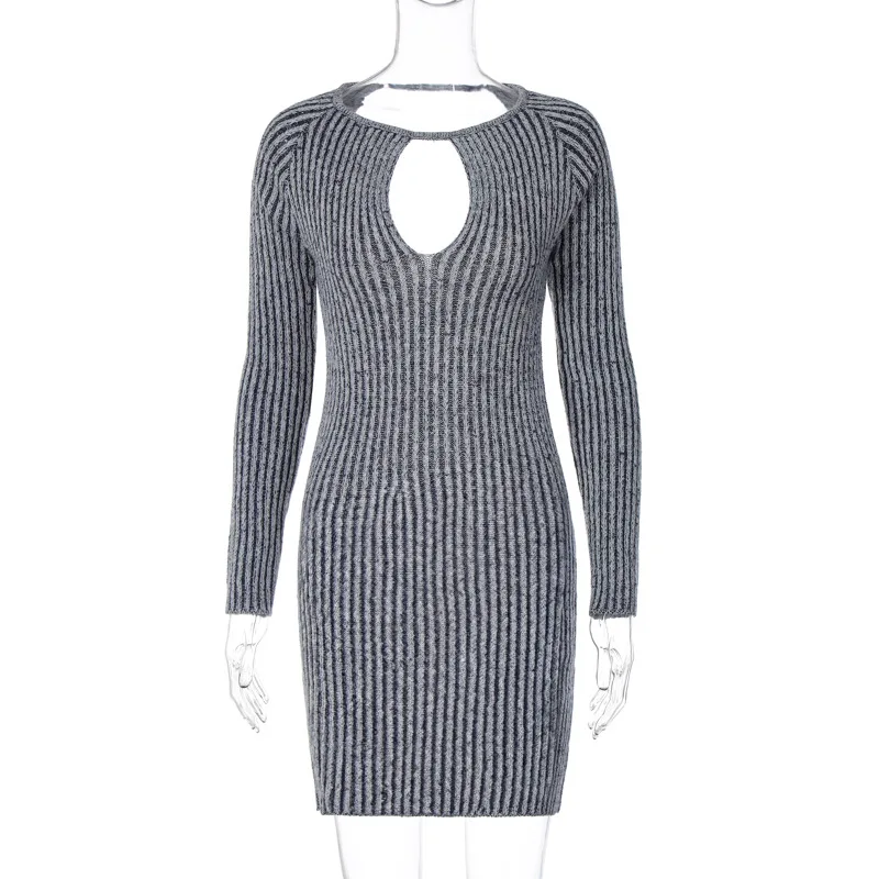 Knitting Long Sleeve Hollow Out Backless Mini Women Dress 2023 New ...