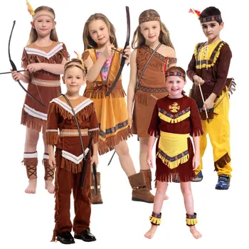 2022 Kids Indian Princess Huntress Children Brown Fringed Boy Girls Indian Costume HCMU-023