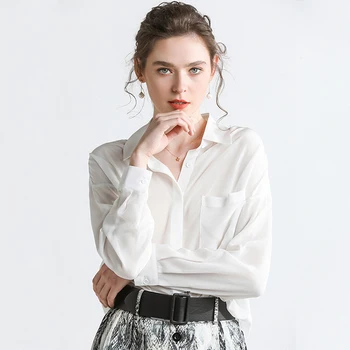 2020 Spring Custom Women Real Silk Shirt 100% Mulfruits Silk Plain Color Long Sleeve Office Lady Shirt Blouse