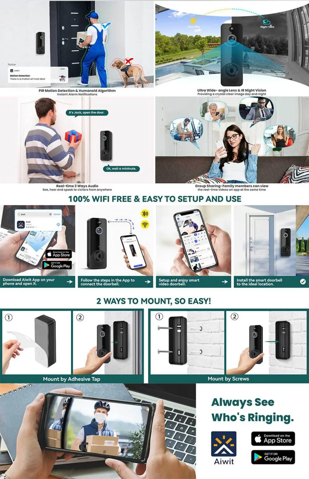 wireless chime wifi video doorbell intercom HD video motion app alerts wire-free smart ring door bell camera