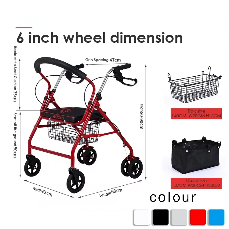 Factory Outlet Rollator Folding Walker Portable Patient Adjustable Shopping Medical Outdoor Steel Rollator Walker with Seat