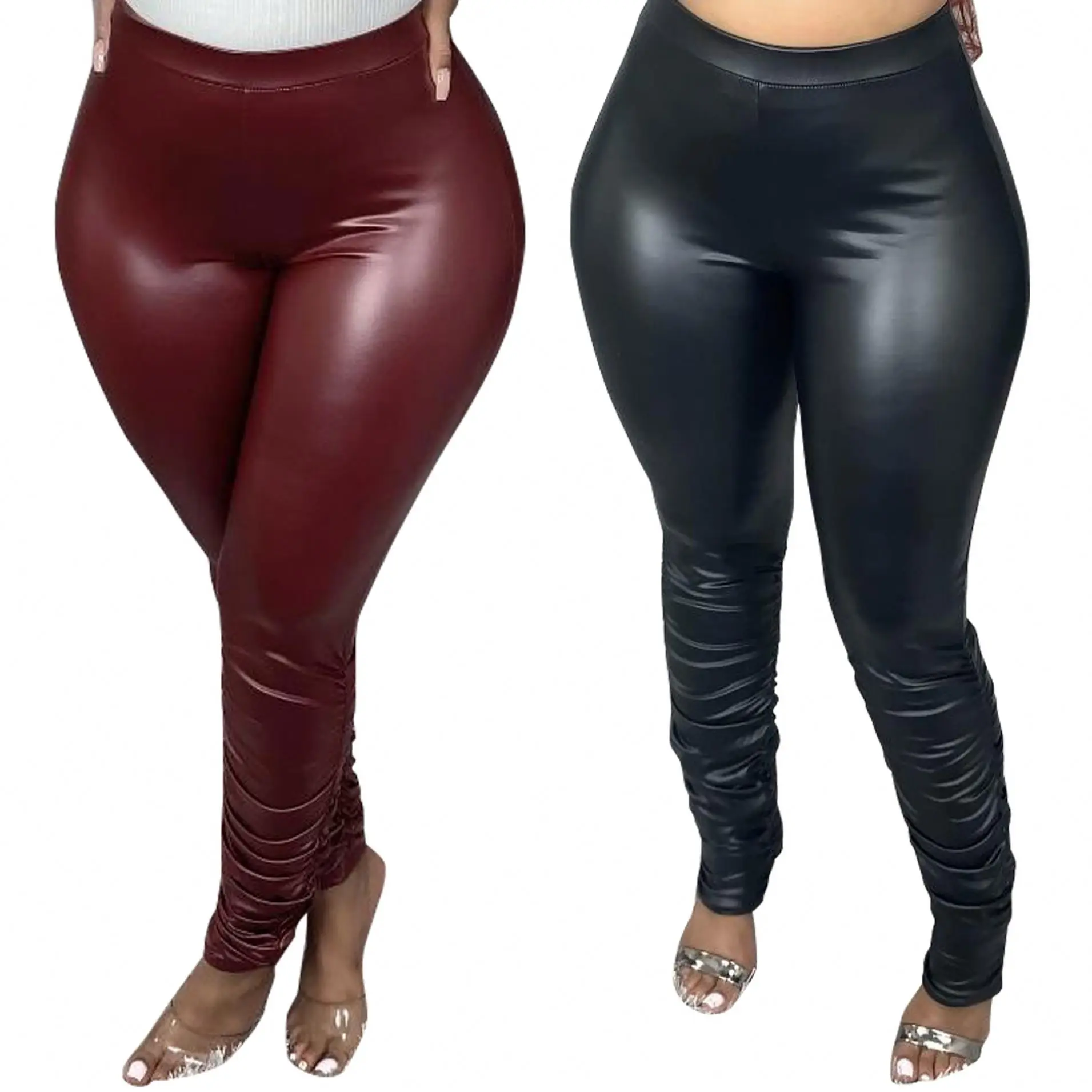 2021 Girls' Black Leather Stacked Pants 