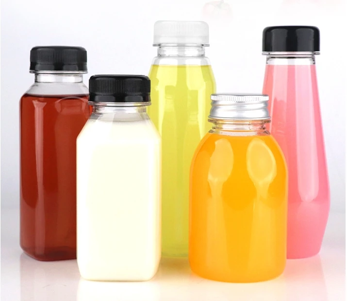 250ml Unique Body Shape Round square for Juice Beverage Water Drink Cup Empty Disposable clear Pet Plastic Bottles with Cap