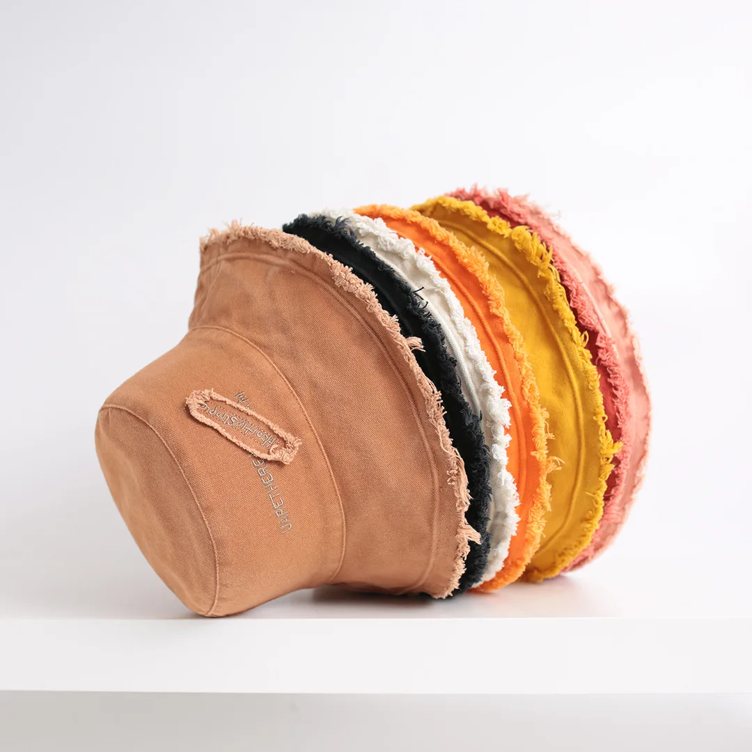 LT227 Summer Plain Washed Frayed Bucket Hat Outdoor Travelling Fisherman Caps Women Wide Brim Summer Cap