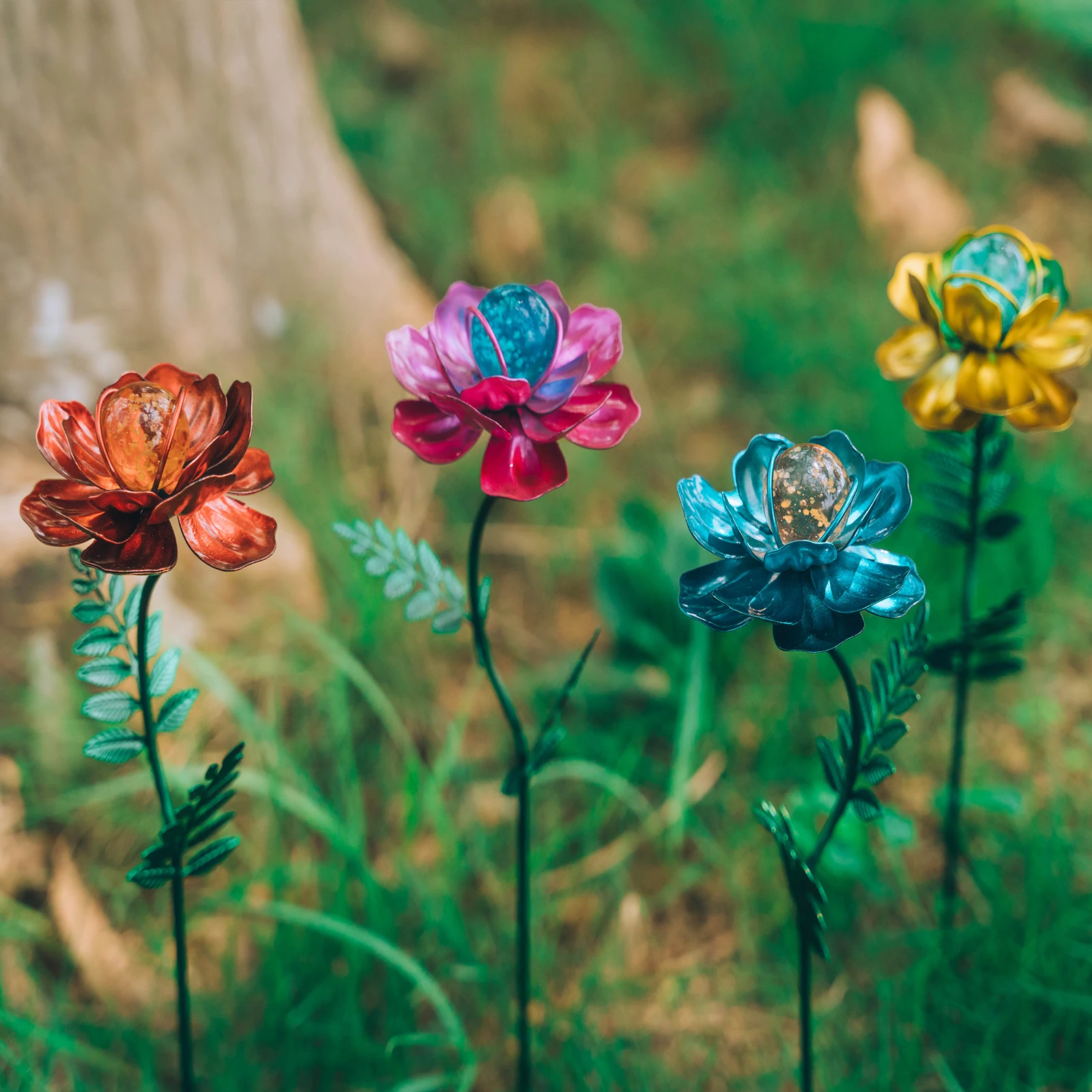 4 Pack Flower Garden Stakes Decor,12.9 Inch Metal Flowers Outdoor Decor