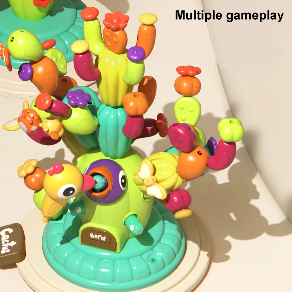 Montessori Balance Stacking rainbow Cactus Toy DIY Build and Stack Cactus  Blocks Magnetic Adsorbed Catch Worms Bird Feeding Game