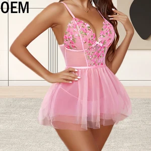 New Design Custom 4-Piece High Quality Sexy Lace & Rhinestone Chiffon Lingerie Set in Pink for Women