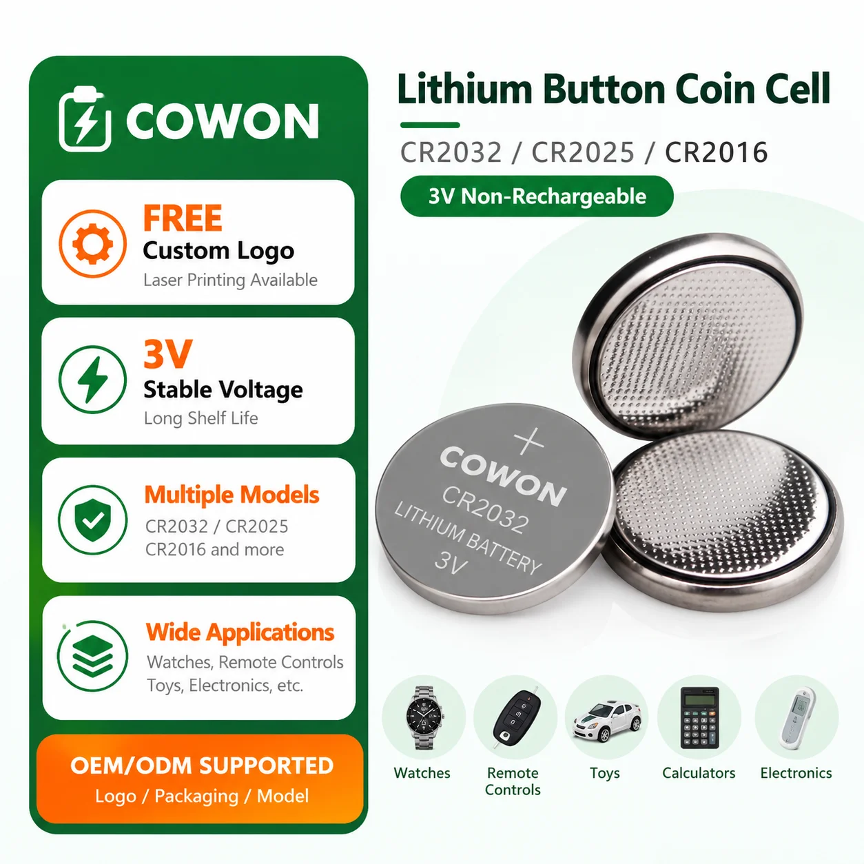 Free Custom logo Non-Rechargeable CR2032 CR2025 CR2016 Lithium 3v Cmos Button Coin Cell Battery for Watch Remote Control Toys
