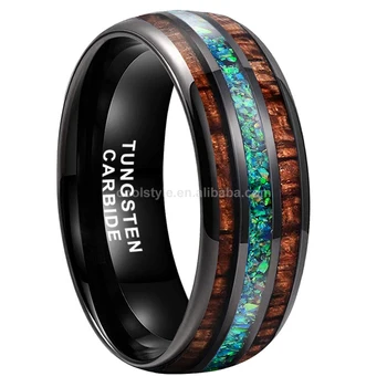 8mm Black Tungsten Ring For Men Women Wedding Band Real Crushed Green Opal Koa Wood Inlay Domed Polished Shiny Comfort Fit