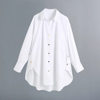 White color over size high low design casual loose shirts women autumn blouse with side buttons