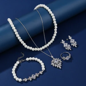 Designer Style Elegant Classic Fine Jewelry Set Copper Brass Inlaid Zircon Rhodium Plated Wedding Gift Party Wear Set for Women