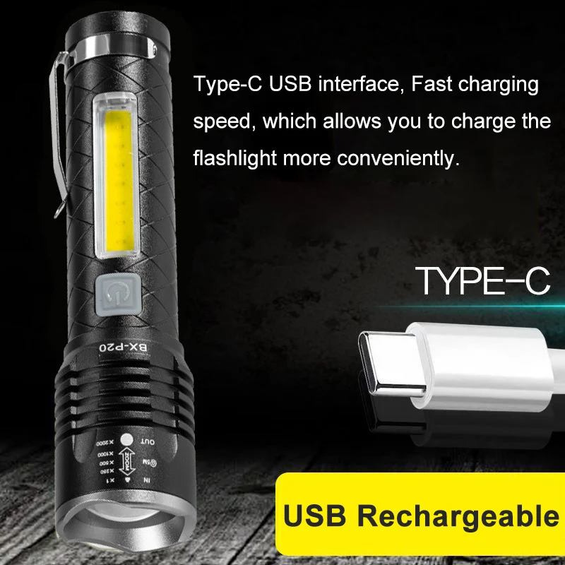 Super Bright LED Flashlight COB Side White Red Light 15W LED Rechargeable 3000 Lumens Outdoor Emergency 4 Modes Zoomable Torch