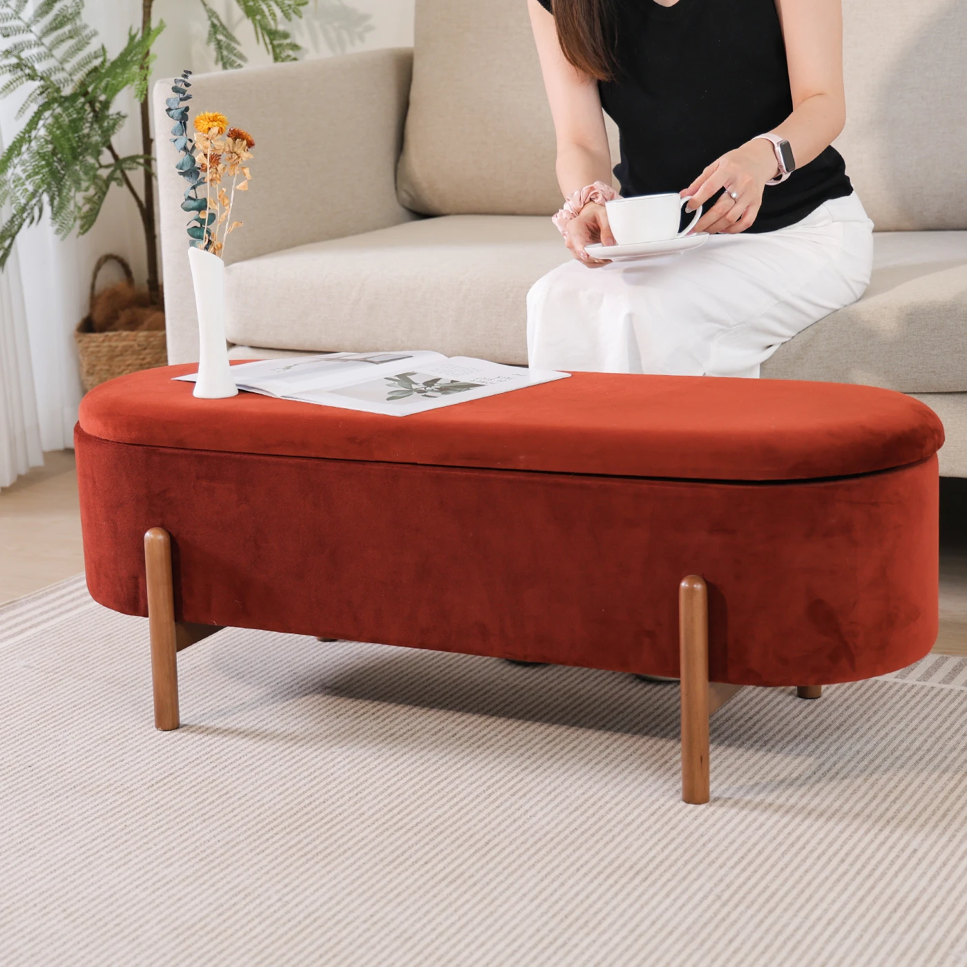 Storage Ottoman Velvet Fabric Upholstered Footstool Bed End Bench for Living Room Bedroom Entryway