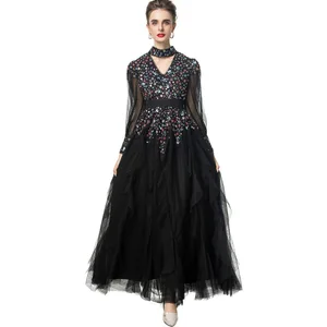 AELESEEN Runway Fashion Black Party Dress Women Spring Summer Turtleneck Luxury Beading Sequined Mesh Patchwork Elegant Evening