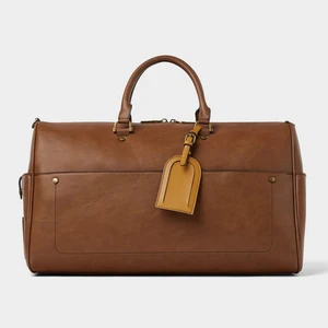 Custom Logo PU Smooth Leather Brown Men's Fashion Travel Duffle Weekender Overnight Bag for Men