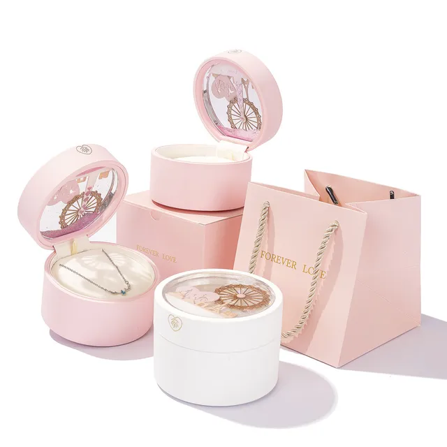 Romantic Elegant Showcase Acrylic Valentines Christmas Jewelry Gift Packaging Box  Mini Round Led Display Jewelry Box