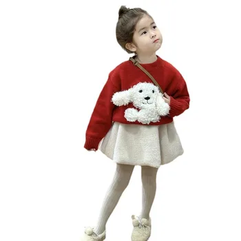 Children's Clothes Western Style Baby Sweater 2024 Winter Girls New Year Plush Puppy Red Warm Sweet Baby Tops