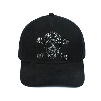 Custom Slant Twill Cotton Skull Logo Cap with Hot Drilling Binding Tapes Printing 6 Panel Baseball Hat