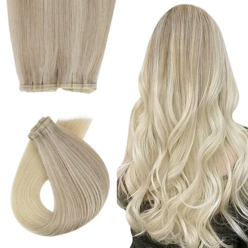 LaaVoo Virgin Flat Silk Weft Hair Extension Brazilian Hair Seamless Sew in Bundles_voghion.com