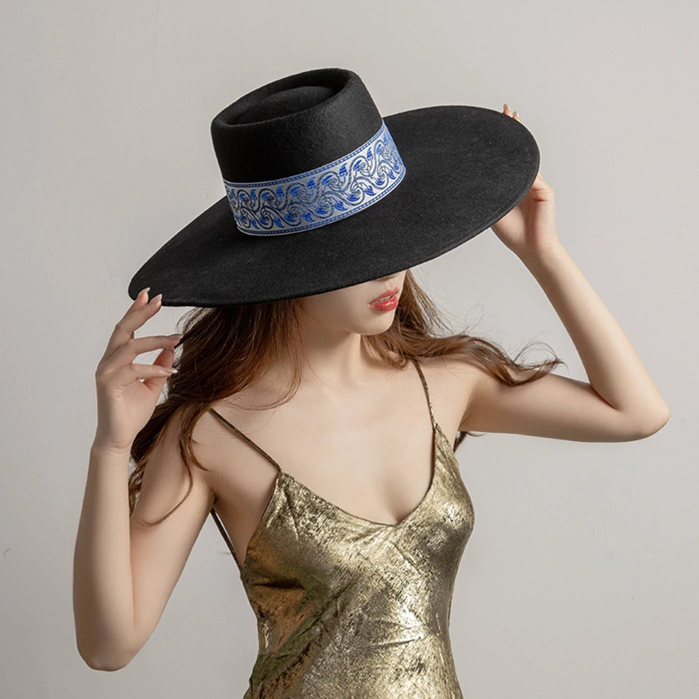 100% Wool Felt Pork Pie Hat Extra Wide Brim Felt Hat With Embroidery Ribbon Band OEM Customization Available