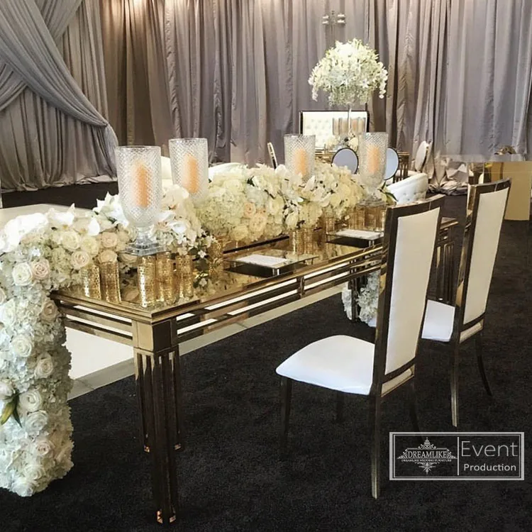 Gold Stainless Steel Legs Rectangle Glass Top Table Wedding Tables And