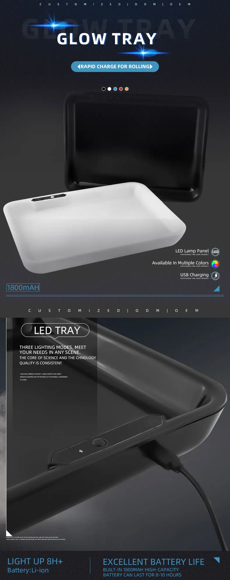 Wholesale Custom Smoke Serving Plastic Rolling Tray With Led Lights For