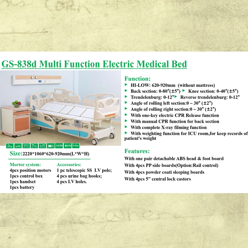 Fully Adjustable Hospital Bed 5 Function With Side Rails Control Panel