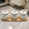 blue seasoning dish  3 wooden tray spoon-seasoning jar set