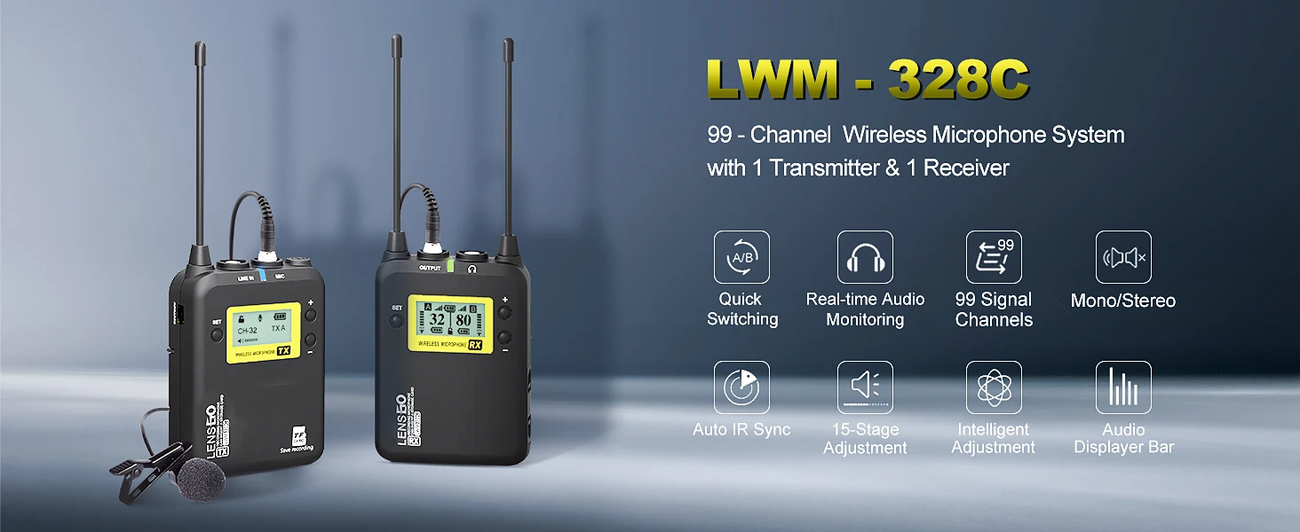 LENSGO Wireless Lavalier Microphone System LWM-328C Omnidirectional Mic for Camera Smartphone Camcorder Recorder Interview