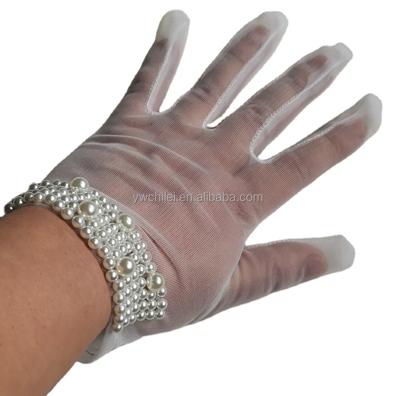 Guanti lunghi in tulle con perle senza dita, da sposa, senza dita, con polsino trasparente, per eventi formali, feste, cosplay, guanti bianchi senza dita - Italia