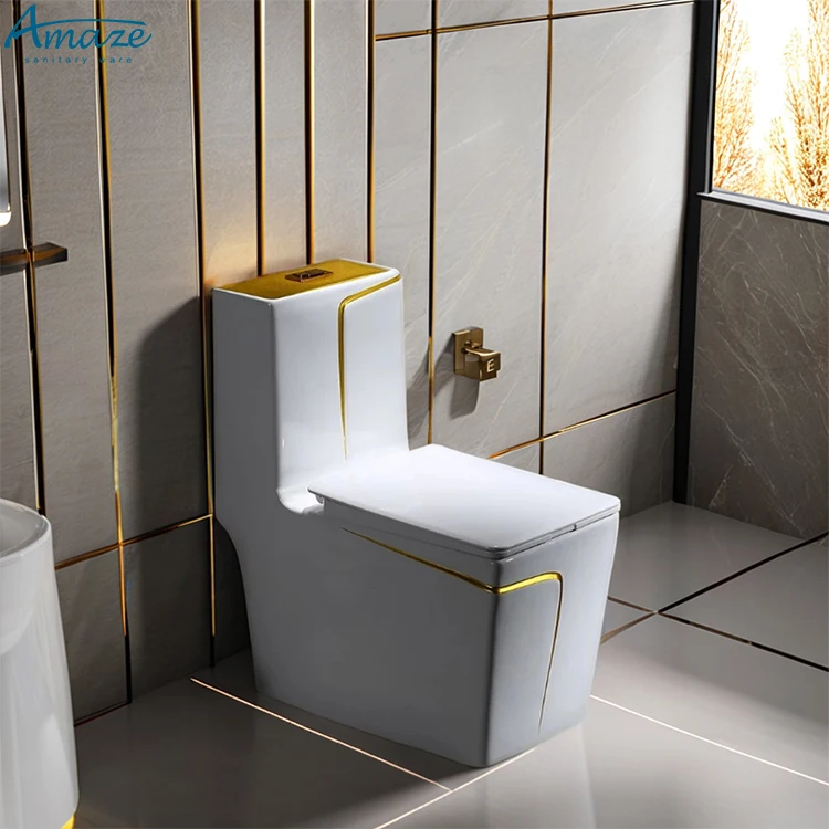 Luxury modern design white and gold line color square water closet bathroom wc one piece ceramic sanitary ware toilet bowl