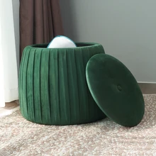 2021 Modern Space Saving Velvet Prouf Round Green Fabric Storage Ottoman