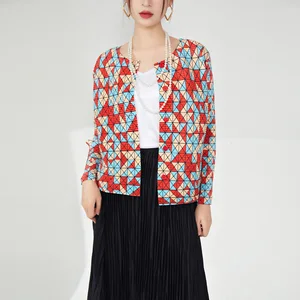 Miyake Printed Women's Jacket Casual Loose Fit Free Size Stretch Printed Pleated Top With Floral Pattern and Buttons