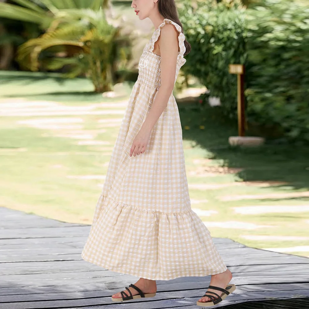 Customize Women Ruffled Elastic Suspender Dress Retro Plaid Printed Elegant  Temperament Sleeveless Square Neck Dress