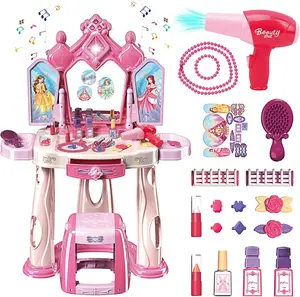 EPT Girls Pretend Play Makeup Table Set with Stool Vanity Set with Lights Music Openable Doors