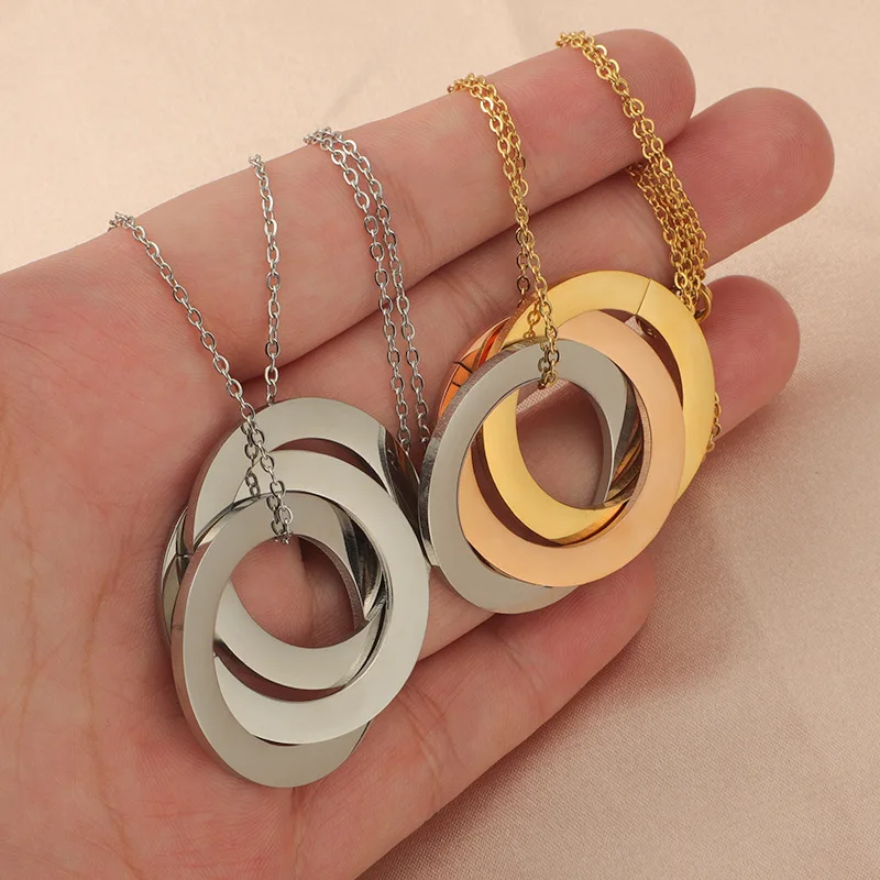 Blank 3 Circle Interlocking Rings Stainless Steel Custom Engraved Personalised Names Russian Ring Necklace for Mom Women