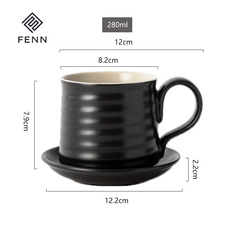 FENN Custom Logo 280ml Minimalist Matte Black Porcelain Coffee Teacup and Saucer Set Wholesale Ceramic Coffee Mug for Gifts