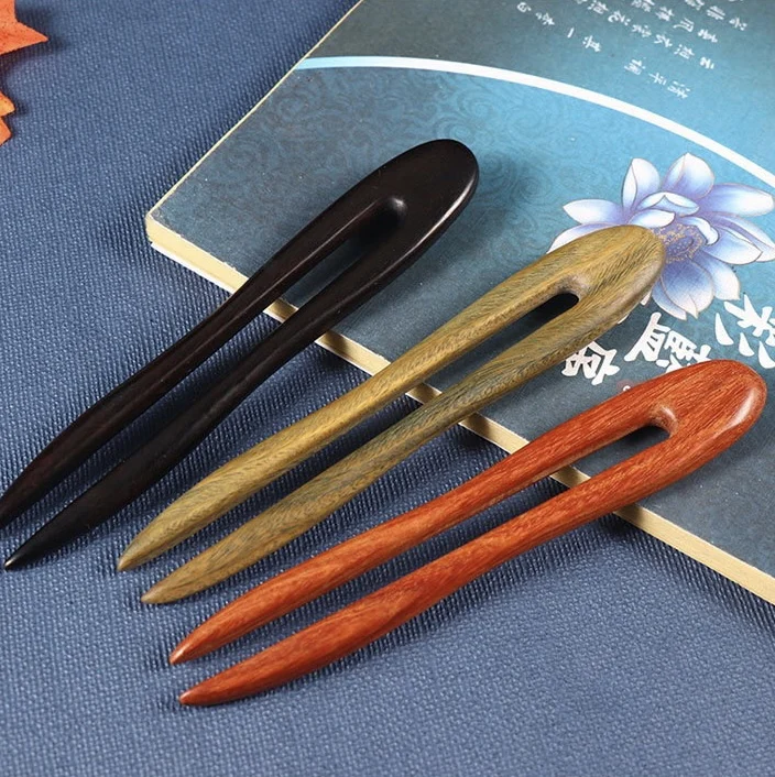 Chinese Hairpin U Shaped Hair Forks Vintage Green Sandalwood Wooden Sticks for