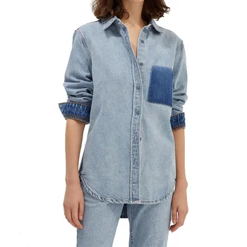 Metro Washed Blue Denim Shirt Ladies Long Sleeve Contrast Pocket High Low Hem Casual Shirt