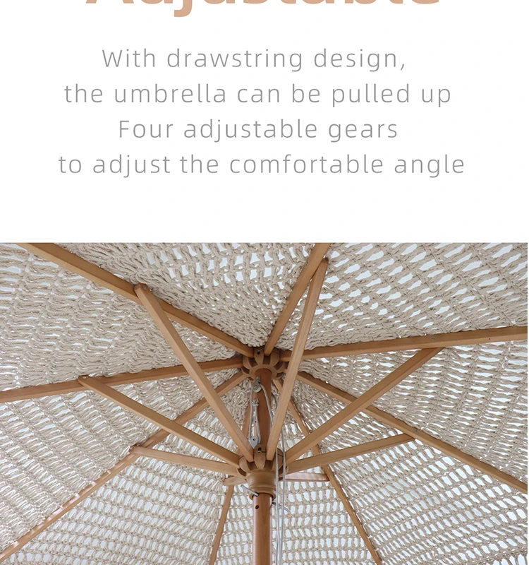Luxury Crochet Patio Wooden Umbrella Handmade Cotton Tassels 2.5m