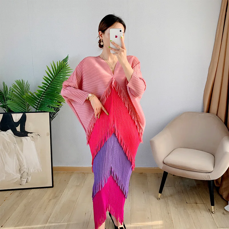 2023 New Woman Plus Size Evening Dresses Tassel Red Dress Miyake Pleated Woman Casual Dresses Summer Natural Polyester