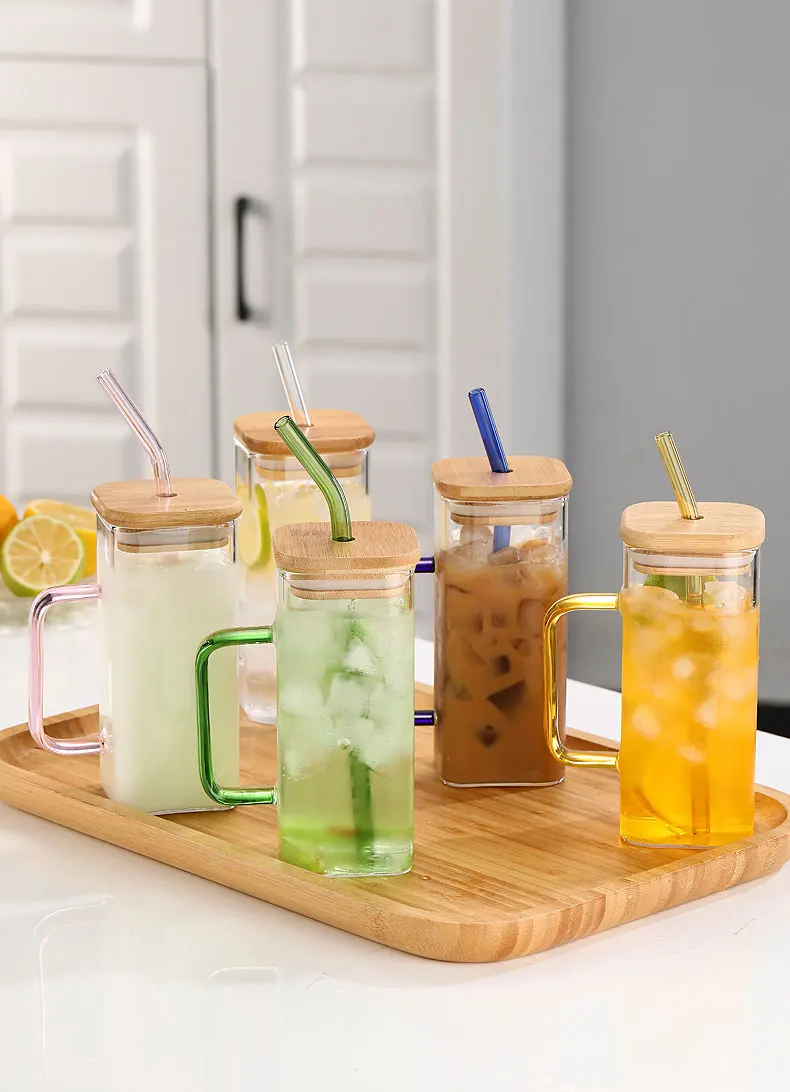 Home Use  Eco-Friendly High Borosilicate square glass cup with color handles supplier