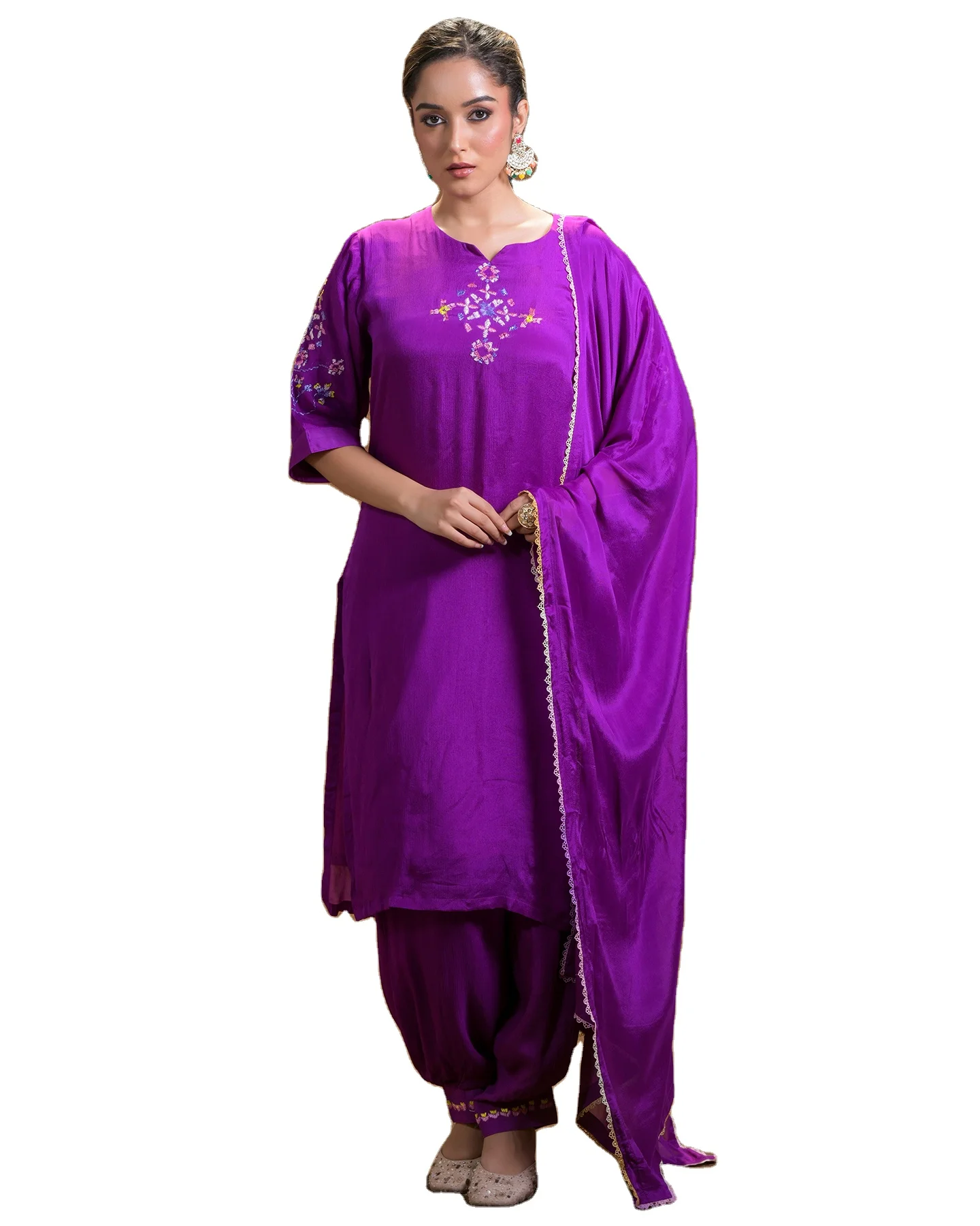 Designer Suit with Dupatta Hand Embroidery Salwar Kameez Style Women Suit Handwork Phulkari Design Pure Chinon Fabric Full Suit