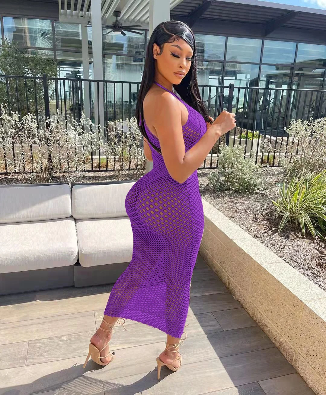 Women Sexy Dresses Summer Party Club Wear One Shoulder Black Bodycon Pencil  Dress Female Mesh Fishnet Dress