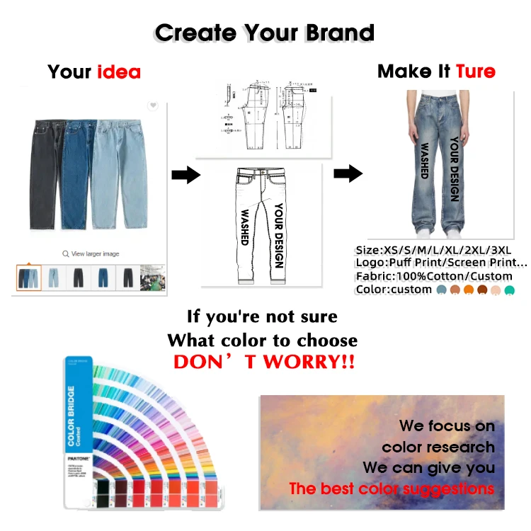 High Quality Blue Custom Logo Flare Legs Patch Vintage Washing Custom Denim Men's Distressed Washed Jeans