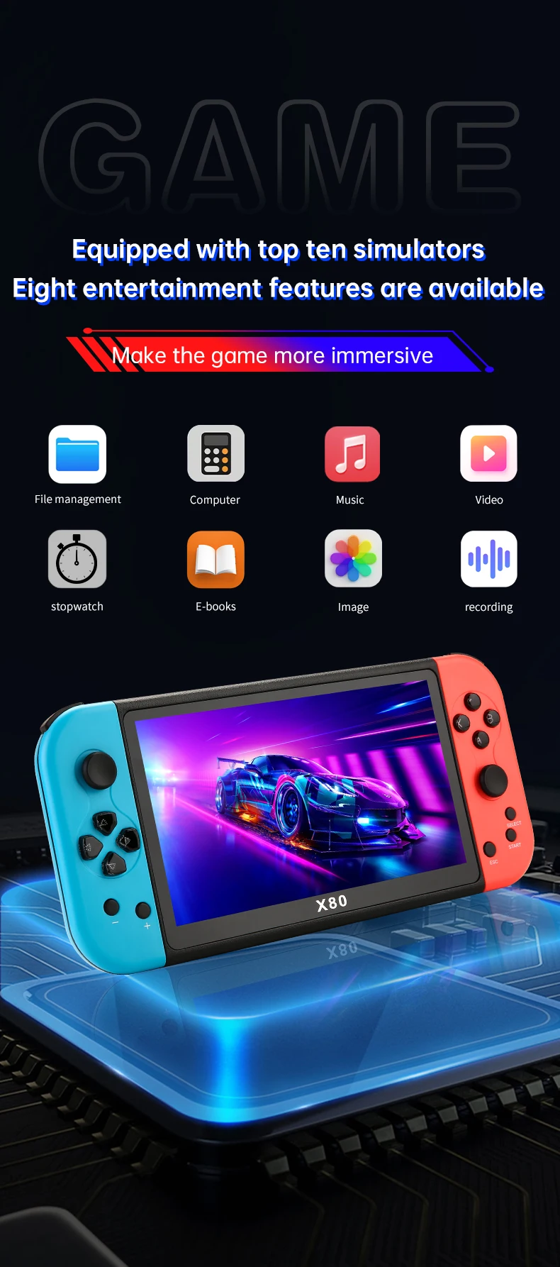 New Arrival X80 Handheld Game Console 7 Inch HD Retro Games Cheap Children's Gifts with Wi-Fi TV Playing Games Support