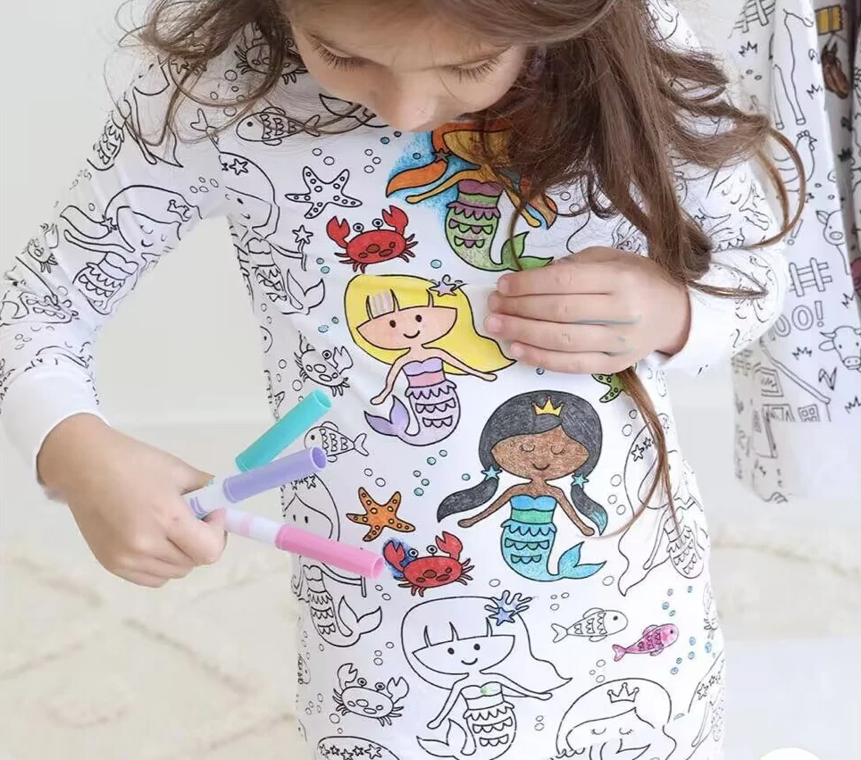 Custom cotton bamboo kids pajamas drawing pijamas kids long sleeve