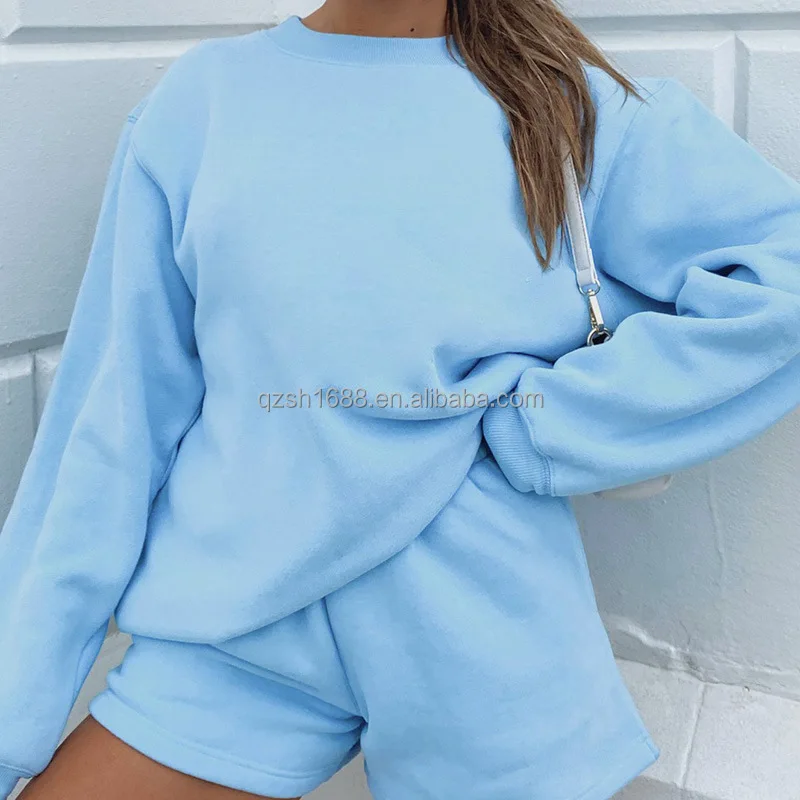New arrival Solid O Neck Bodycon Long Sleeves Crop Sweater Shirt High Waits Mini Shorts 2 Pieces Set Autumn women clothing